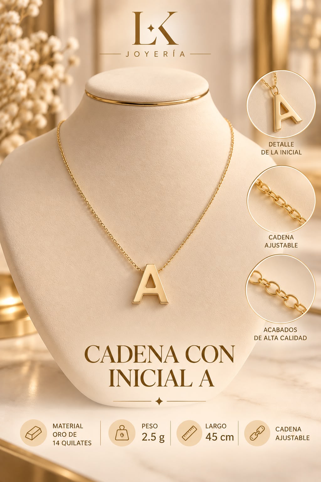 CADENA LETRA A 14K 2.5GR 45CM
